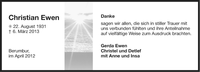  Traueranzeige für Christian Ewen vom 06.04.2013 aus Ostfriesischer Kurier
