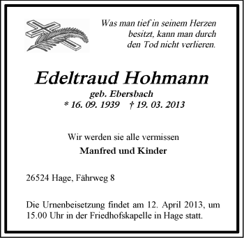 Traueranzeige von Edeltraut Hohmann von Ostfriesischer Kurier