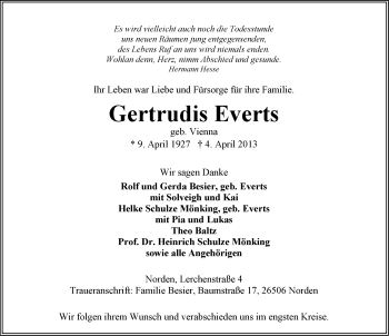 Traueranzeige von Gertrudis Everts von Ostfriesischer Kurier