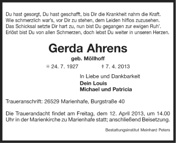 Traueranzeige von Gerda Ahrens von Ostfriesischer Kurier