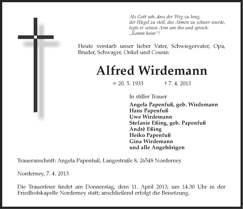  Traueranzeige für Alfred Wirdemann vom 09.04.2013 aus Ostfriesischer Kurier