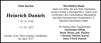 Traueranzeige von Heinrich Daniels von Ostfriesischer Kurier
