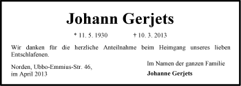 Traueranzeige von Johann Gerjets von Ostfriesischer Kurier
