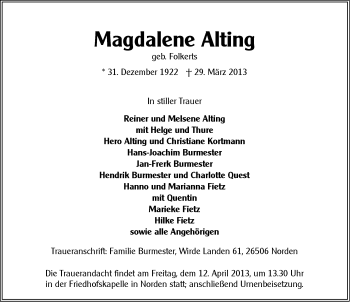 Traueranzeige von Magdalene Alting von Ostfriesischer Kurier