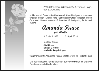 Traueranzeige von Amanda Kruse von Ostfriesischer Kurier