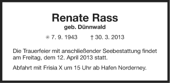 Traueranzeige von Renate Rass von Ostfriesischer Kurier