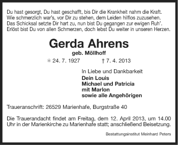 Traueranzeige von Gerda Ahrens von Ostfriesischer Kurier