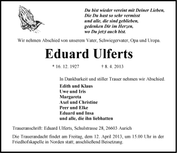 Traueranzeige von Eduard Ulferts von Ostfriesischer Kurier