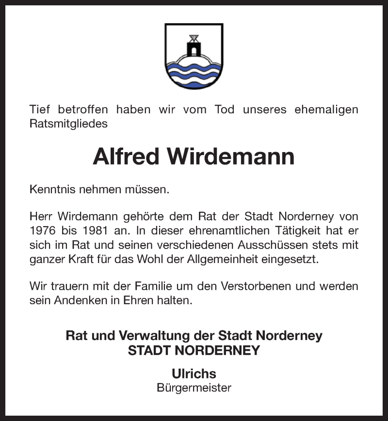  Traueranzeige für Alfred Wirdemann vom 11.04.2013 aus Ostfriesischer Kurier