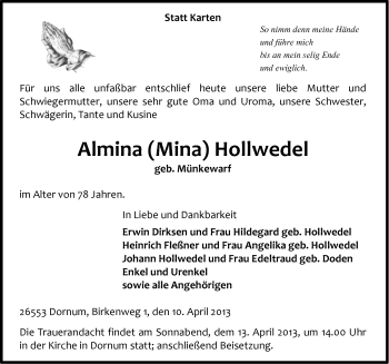 Traueranzeige von Almina Hollwedel von Ostfriesischer Kurier