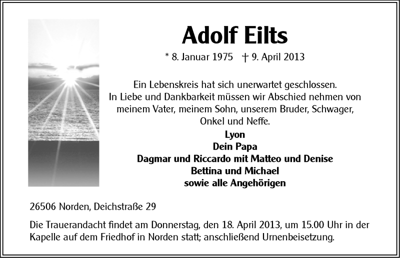  Traueranzeige für Adolf Eilts vom 13.04.2013 aus Ostfriesischer Kurier
