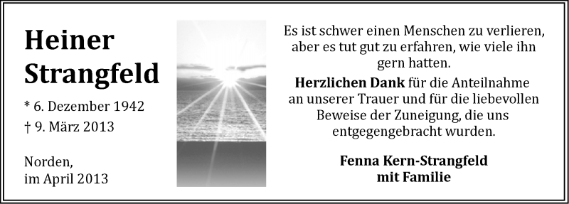  Traueranzeige für Heiner Strangfeld vom 13.04.2013 aus Ostfriesischer Kurier