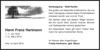 Traueranzeige von Harm Franz Hartmann von Ostfriesischer Kurier