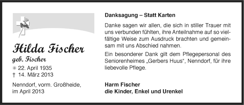  Traueranzeige für Hilda Fischer vom 13.04.2013 aus Ostfriesischer Kurier