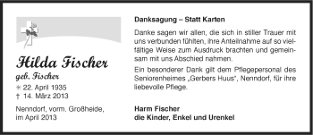 Traueranzeige von Hilda Fischer von Ostfriesischer Kurier