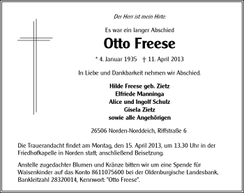 Traueranzeige von Otto Freese von Ostfriesischer Kurier