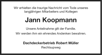 Traueranzeige von Jann Koopmann von Ostfriesischer Kurier