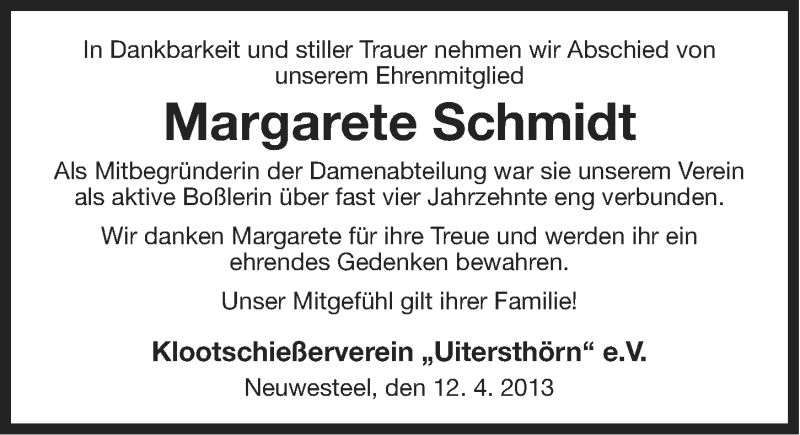  Traueranzeige für Margarete Schmidt vom 16.04.2013 aus Ostfriesischer Kurier