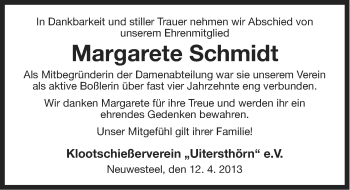 Traueranzeige von Margarete Schmidt von Ostfriesischer Kurier