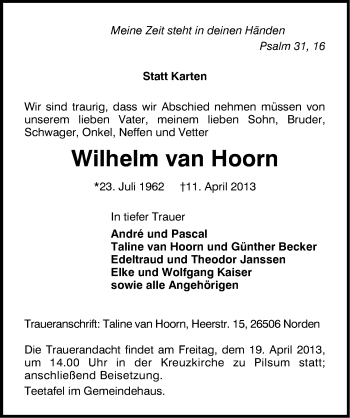 Traueranzeige von Wilhelm van Hoorn von Ostfriesischer Kurier