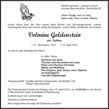 Traueranzeige von Volmine Goldenstein von Ostfriesischer Kurier