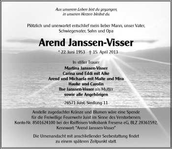 Traueranzeige von Arend Janssen-Visser von Ostfriesischer Kurier