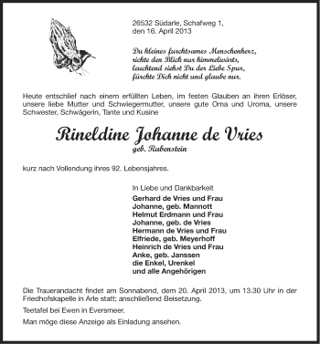 Traueranzeige von Rineldine Johanne de Vries von Ostfriesischer Kurier