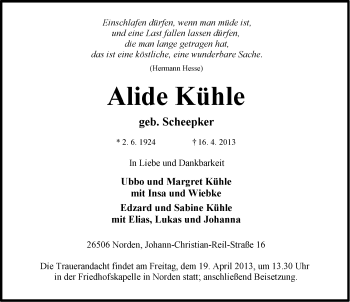 Traueranzeige von Alide Kühle von Ostfriesischer Kurier