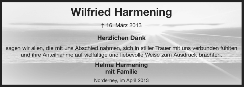  Traueranzeige für Wilfried Harmening vom 19.04.2013 aus Ostfriesischer Kurier