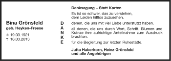 Traueranzeige von Bina Grönsfeld von Ostfriesischer Kurier