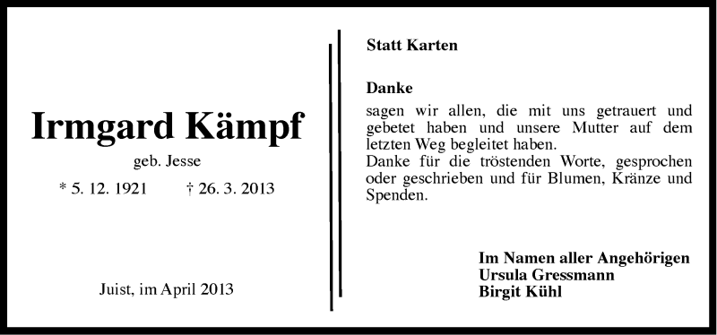  Traueranzeige für Irmgard Kämpf vom 20.04.2013 aus Ostfriesischer Kurier