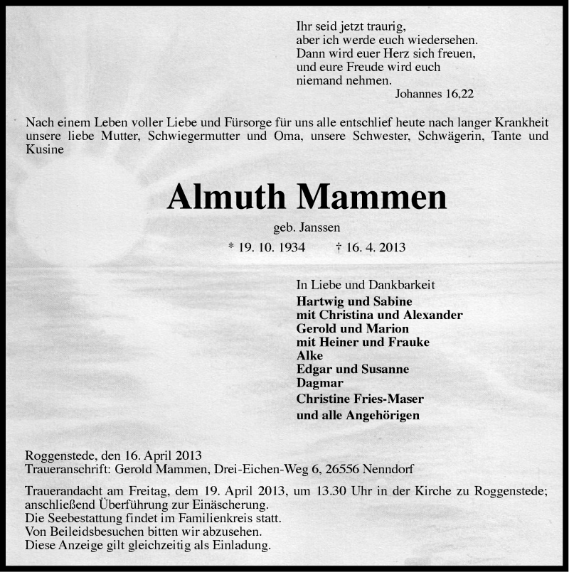  Traueranzeige für Almuth Mammen vom 18.04.2013 aus Ostfriesischer Kurier