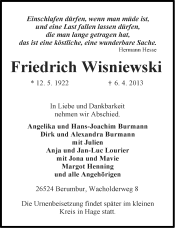 Traueranzeige von Friedrich Wisniewski von Ostfriesischer Kurier