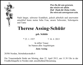 Traueranzeige von Therese Assing-Schüür von Ostfriesischer Kurier