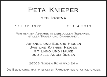 Traueranzeige von Peta Knieper von Ostfriesischer Kurier