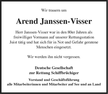 Traueranzeige von Arend Janssen-Visser von Ostfriesischer Kurier