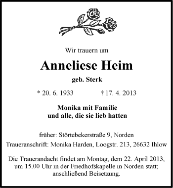 Traueranzeige von Anneliese Heim von Ostfriesischer Kurier