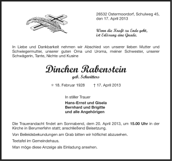 Traueranzeige von Dinchen Rabenstein von Ostfriesischer Kurier