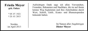 Traueranzeige von Frieda Meyer von Ostfriesischer Kurier