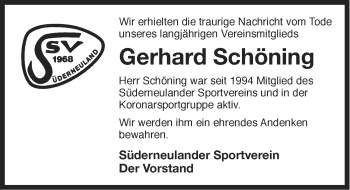 Traueranzeige von Gerhard Schöning von Ostfriesischer Kurier