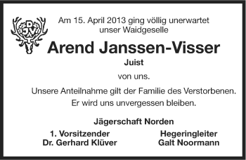 Traueranzeige von Arend Janssen-Visser von Ostfriesischer Kurier