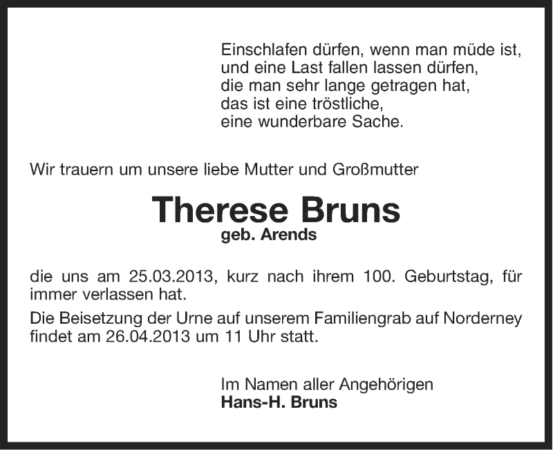  Traueranzeige für Therese Bruns vom 24.04.2013 aus Ostfriesischer Kurier