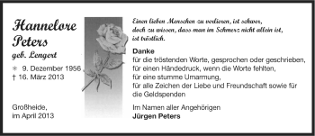 Traueranzeige von Hannelore Peters von Ostfriesischer Kurier
