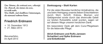 Traueranzeige von Friedrich Erdmann von Ostfriesischer Kurier