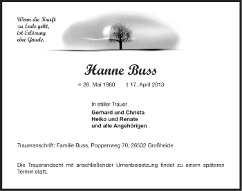 Traueranzeige von Hanne Buss von Ostfriesischer Kurier