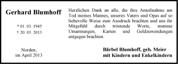 Traueranzeige von Gerhard Blumhoff von Ostfriesischer Kurier