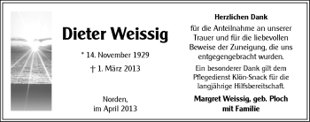 Traueranzeige von Dieter Weissig von Ostfriesischer Kurier