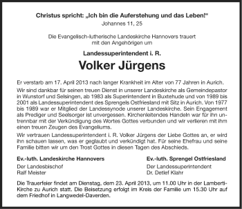 Traueranzeige von Volker Jürgens von Ostfriesischer Kurier