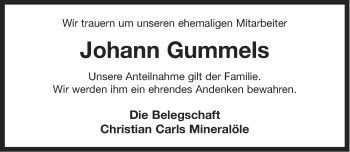 Traueranzeige von Johann Gummels von Ostfriesischer Kurier