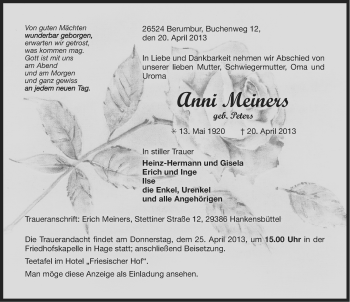 Traueranzeige von Anni Meiners von Ostfriesischer Kurier
